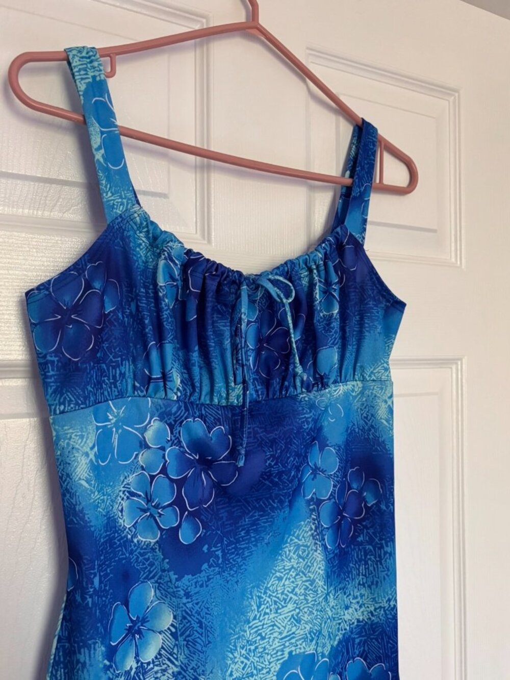 Y2K Blue Hawaiian Floral Mini Dress | Tropical Bodycon (Medium) - Picture 4 of 5